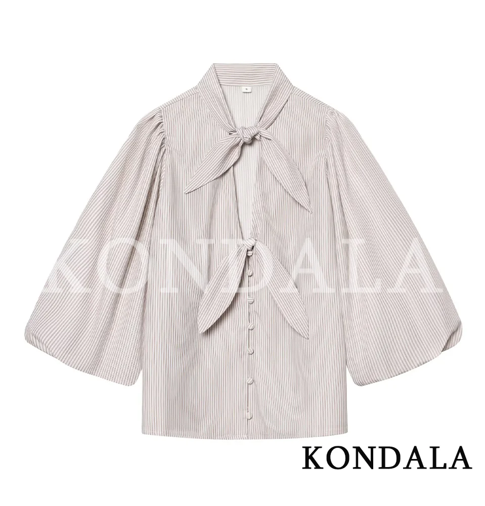 Chemise Chic Décontractée KONDALA à Rayures et Nœud pour Femme – Élégante pour le Quotidien, Manches Mi-Longues – Nouvelle Collection Printemps-Été 2026 – Tendance Vacances – Haut Féminin