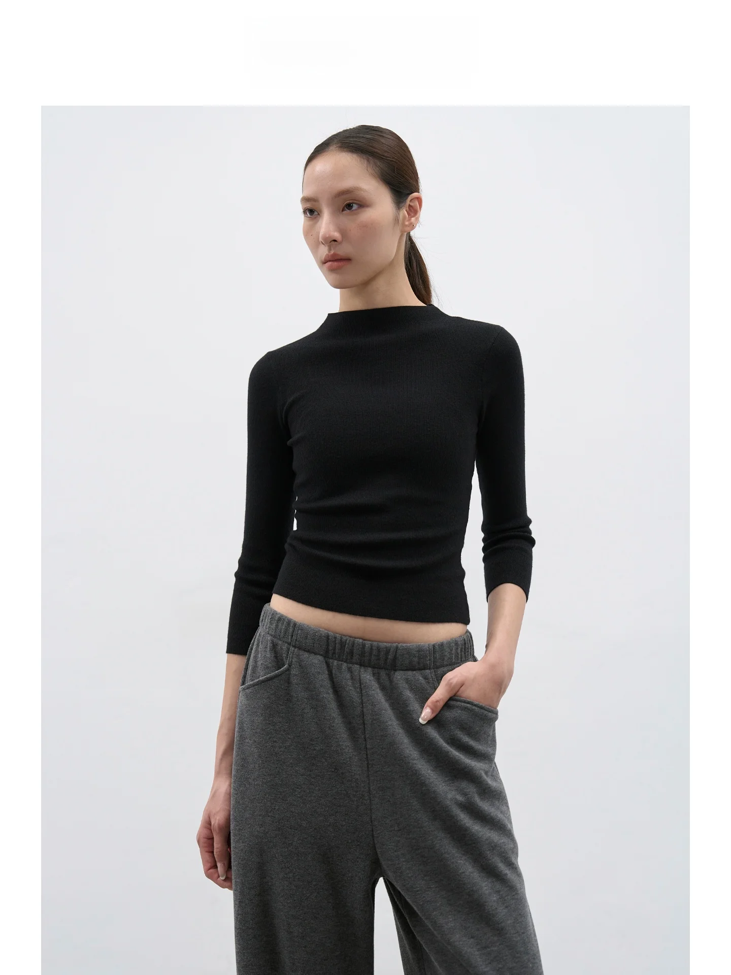 

EIGHTHMONTH Women's Slim Fit ort Knitwear f High Collar Seven Sve Base irt Top f High Collar Slimming ort Length