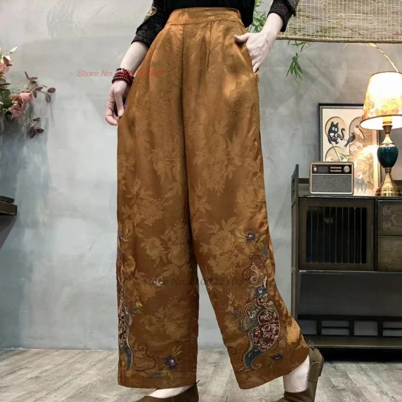 2024 calças vintage chinesas flor nacional bordado cetim jacquard calças cintura elástica calças folclóricas soltas perna larga pantalones