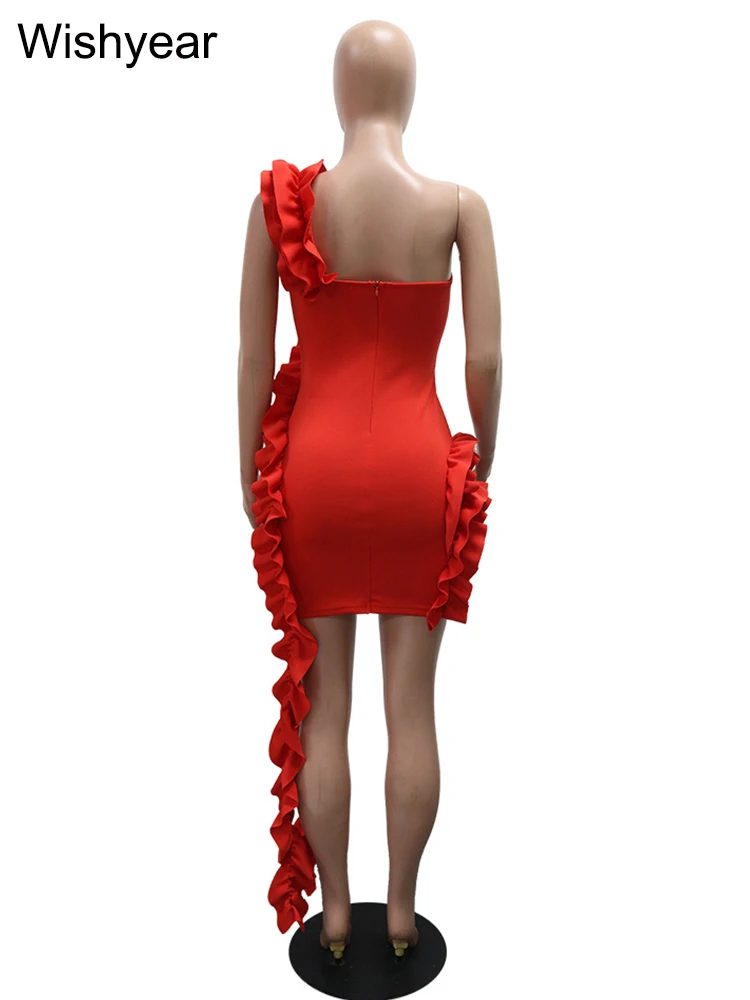 ใหม่ไหล่เดี่ยวBackless Ruffleมินิเดรสผู้หญิงฤดูร้อนเซ็กซี่Ruched Patchwork Bodycon StreetwearวันเกิดVestidos 2025