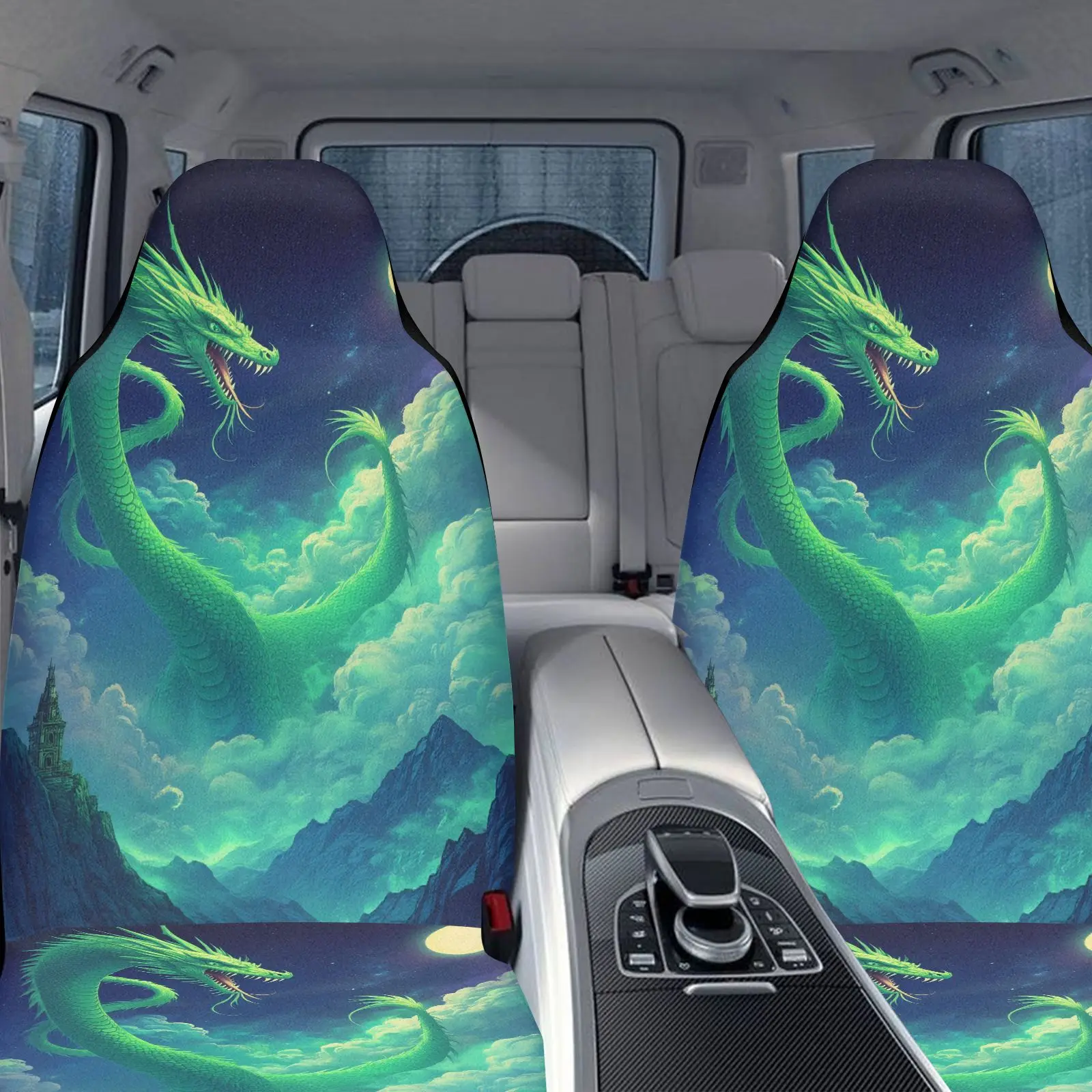 2pcs Car Seat Covers | Green Dragon Fantasy Art Print Polyester Car Seat Covers For Universal Fit And Car Interior Decor