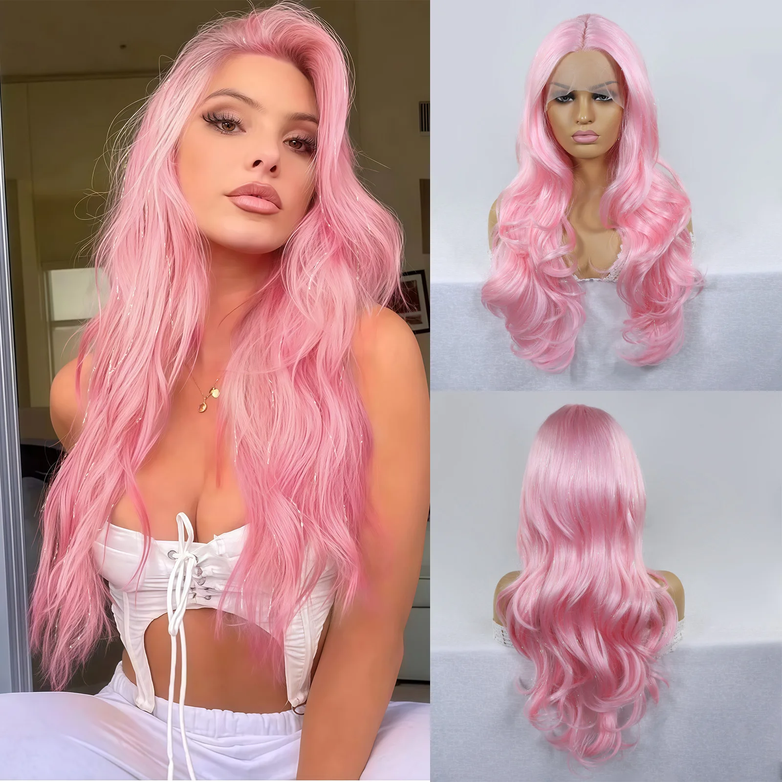 

Women's Pink 13x3Inch Lace Front Synthetic Wig 26Inch Add Bright Thread Natural Wavy High Temperature Fiber Wigs For Daily Use