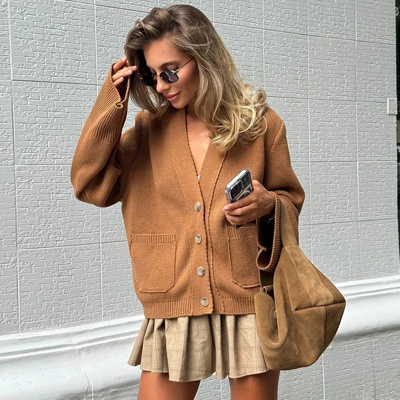

Casual Knit Cardigan Women's Loose V-neck Solid Button Long Sleeve Stitching Cardigan Autumn Winter Commuting Clothing