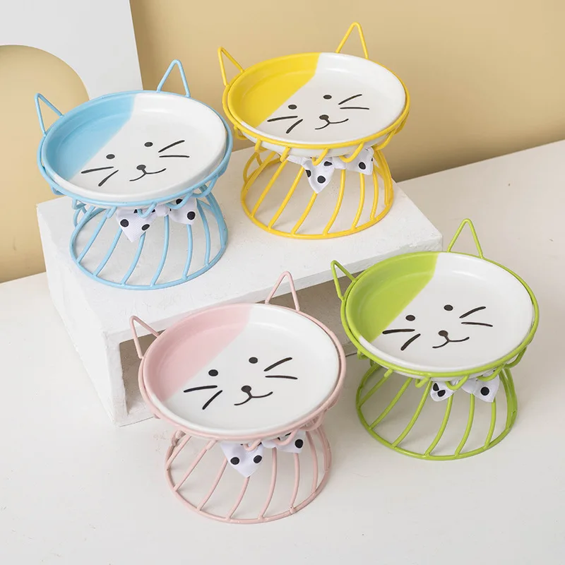 Ceramic Elevated Pet Cat Bowl with Metal Stand Puppy Feeding Cute Cartoon Food Storage Dog Dishes Protect Spine Accessories