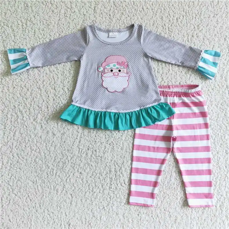 

New Fashion Baby Girls Santa Claus Long Sleeve Striped Pants Suit Wholesale Boutique Children Clothes RTS Long Shirt Set