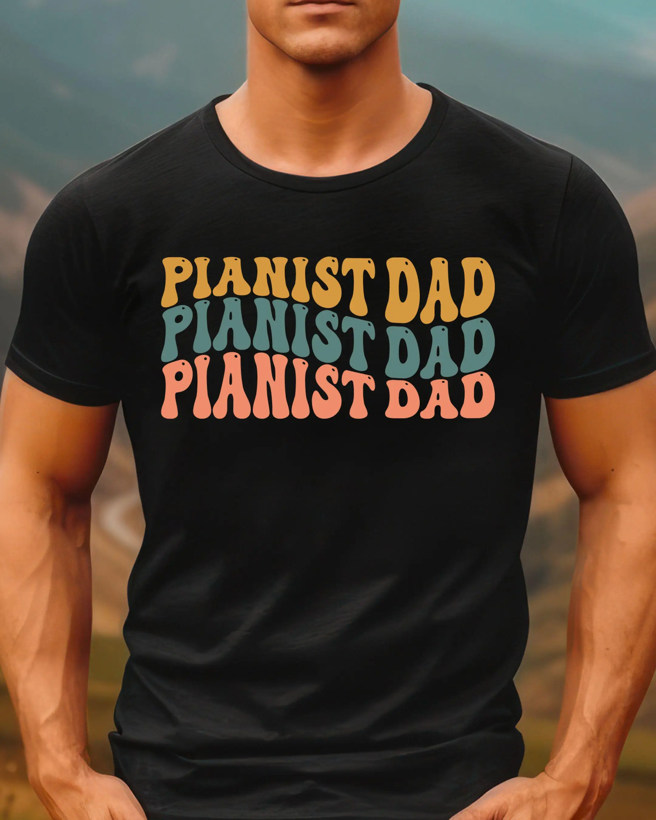 Unisex. Artistic Style. Casual and Fashionable. Piano Player Dad. Retro Stacked T-shirt. | Piano Music Father Pattern T-shirt