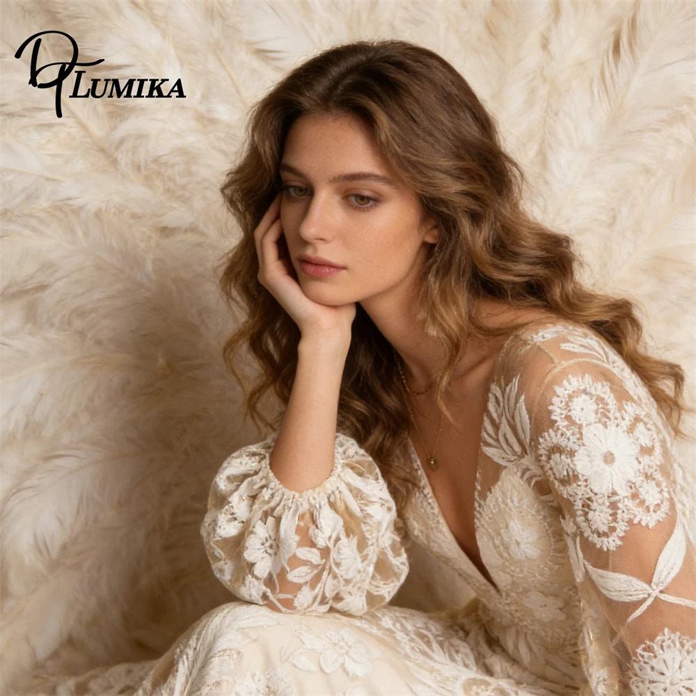 

Bohemian Lace Maxi Gown for Women, Wedding Dress Long Lantern Sleeves A Line Beach Bride Dresses Customized Size and Colors