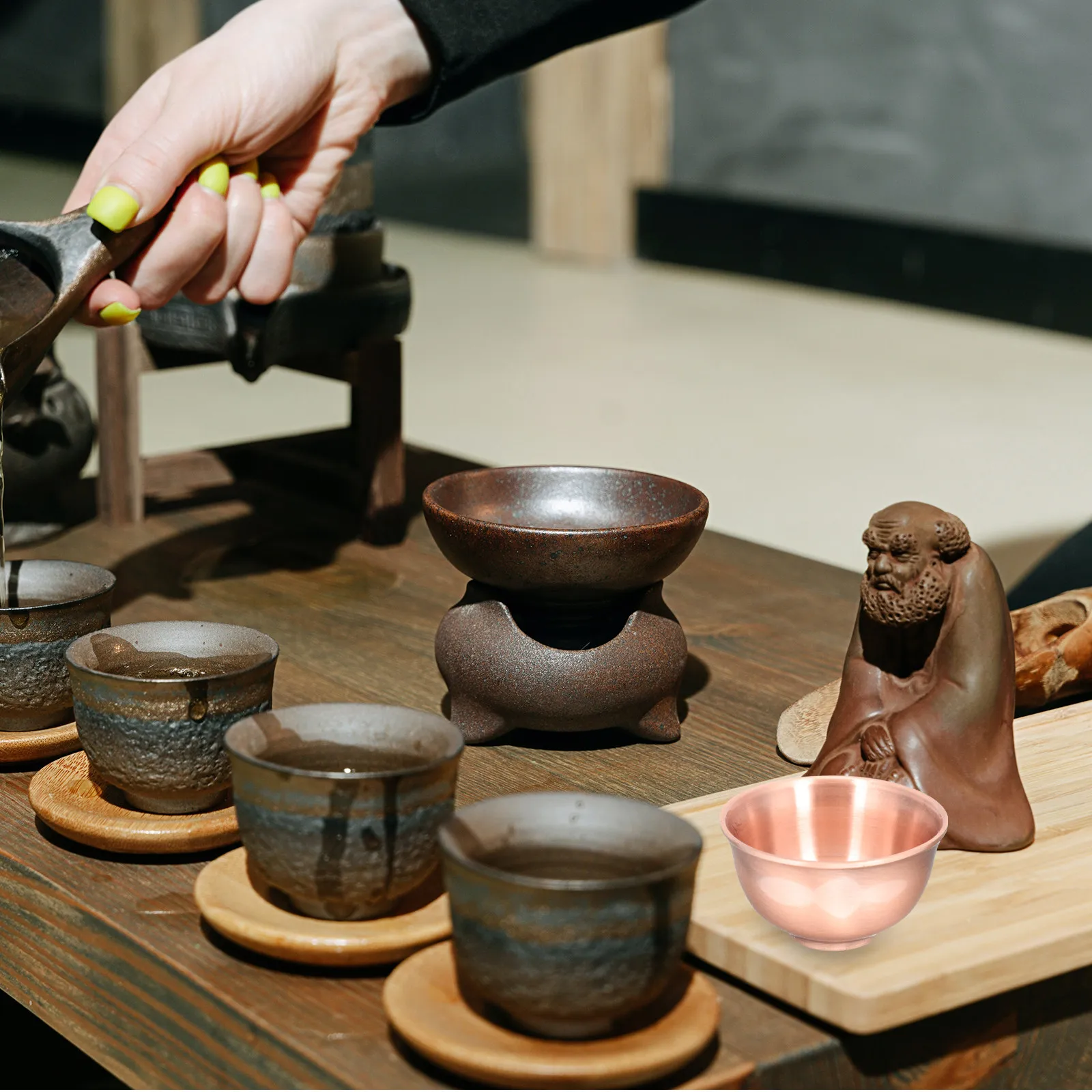 2 pcs Chinese Retro Handless Tea Cups for Kung Fu Ceremony, Copper-Style Ceramic Teacups