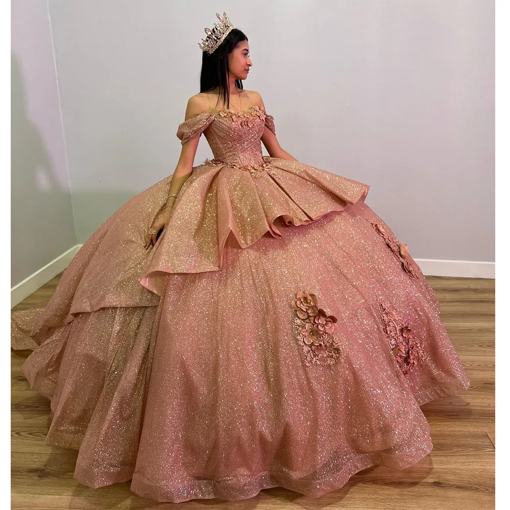 Angelsbridep Roségouden Quinceanera Jurk Met Lovertjes Baljurk Off Shoulder Korset Optocht Sweet 15 Party Vestidos De Xv Años