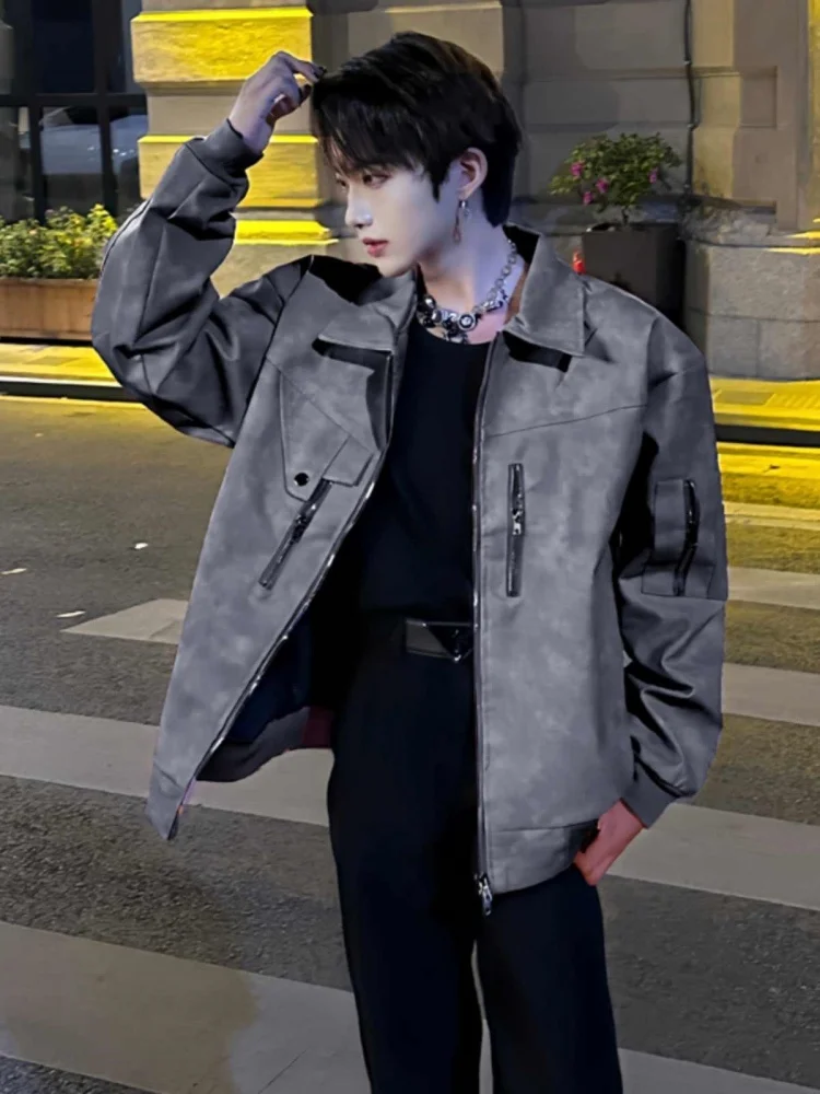 

Vintage Leather Jaet Men's Sli Biker Jaet American Sle Spring Autumn Outerwear Windproof Long Sve Zipper Closure