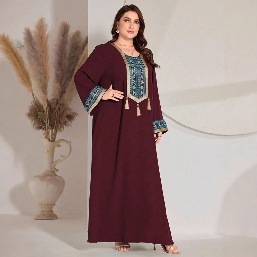 حجم كبير قفطان شرابة التطريز عباية دبي عيد رمضان المرأة فستان مسلم ملابس إسلامية رداء عربي قفطان المغرب فيستدوس