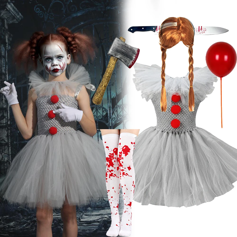 Kids Girls Creepy Clown Fancy Costume Gray Tulle Tutu Dress Cosplay Outfit for Halloween Carnival of The Dead Stage Party Wear