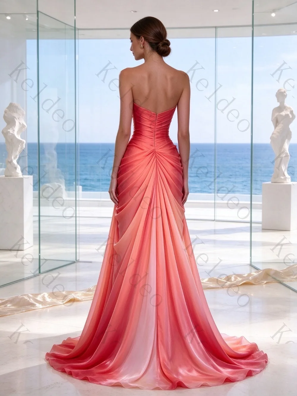 Customized Women Red Pink Gradient Mermaid Evening Dress Strapless Tube Top Ruched Draped Satin High Slit Long Train Formal Maxi