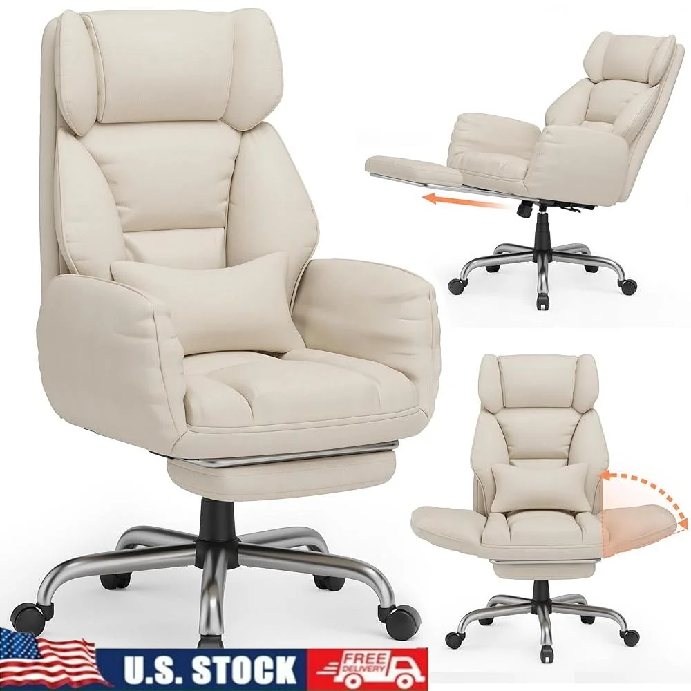 

Big and Tall Office Desk Chair Ergonomic Leather Chair with Adjustable Armrests Footrest Cross-legged Design Lumbar Support 120°