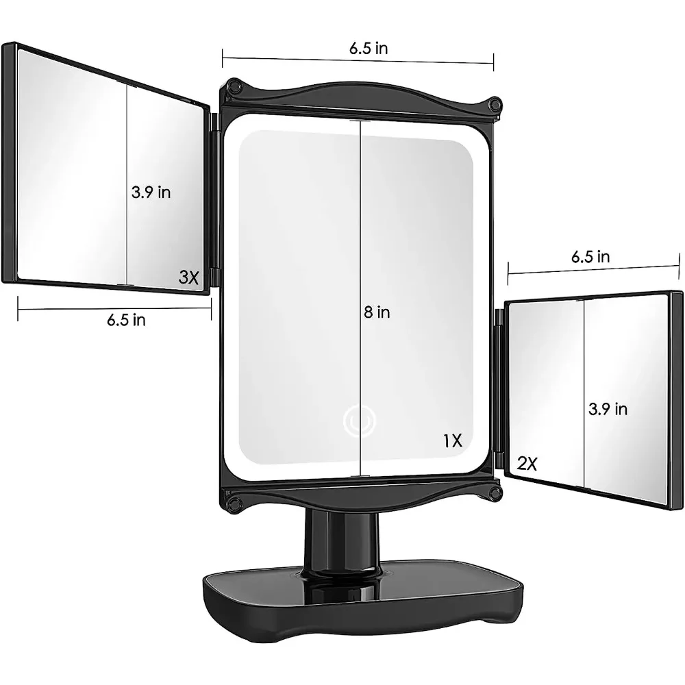 Miroir de maquillage éclairé avec lumières à intensité variable, miroir cosmétique de vanité LED à trois volets grossissant 3x/2x/1x, commande tactile 90 °   Rotation