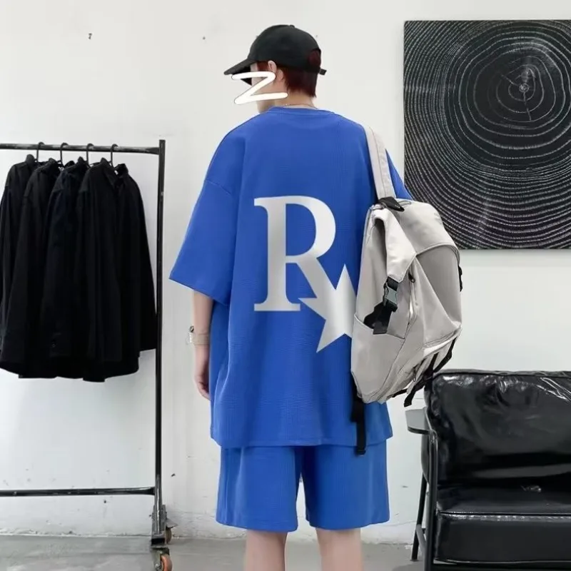 Sportanzug Herren Herbst und Winter lässig locker High Street trendig bedruckte Kurzarm-Shorts zweiteiliges Baumwollset