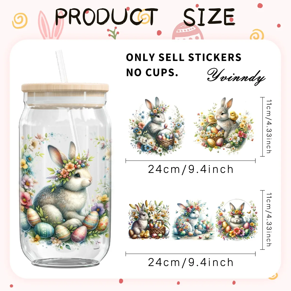 4PCS/SET Easter Flower Rabbit DIY Light Beigeny Tumblers Wrap Decorative Transfer Paper UV DTF