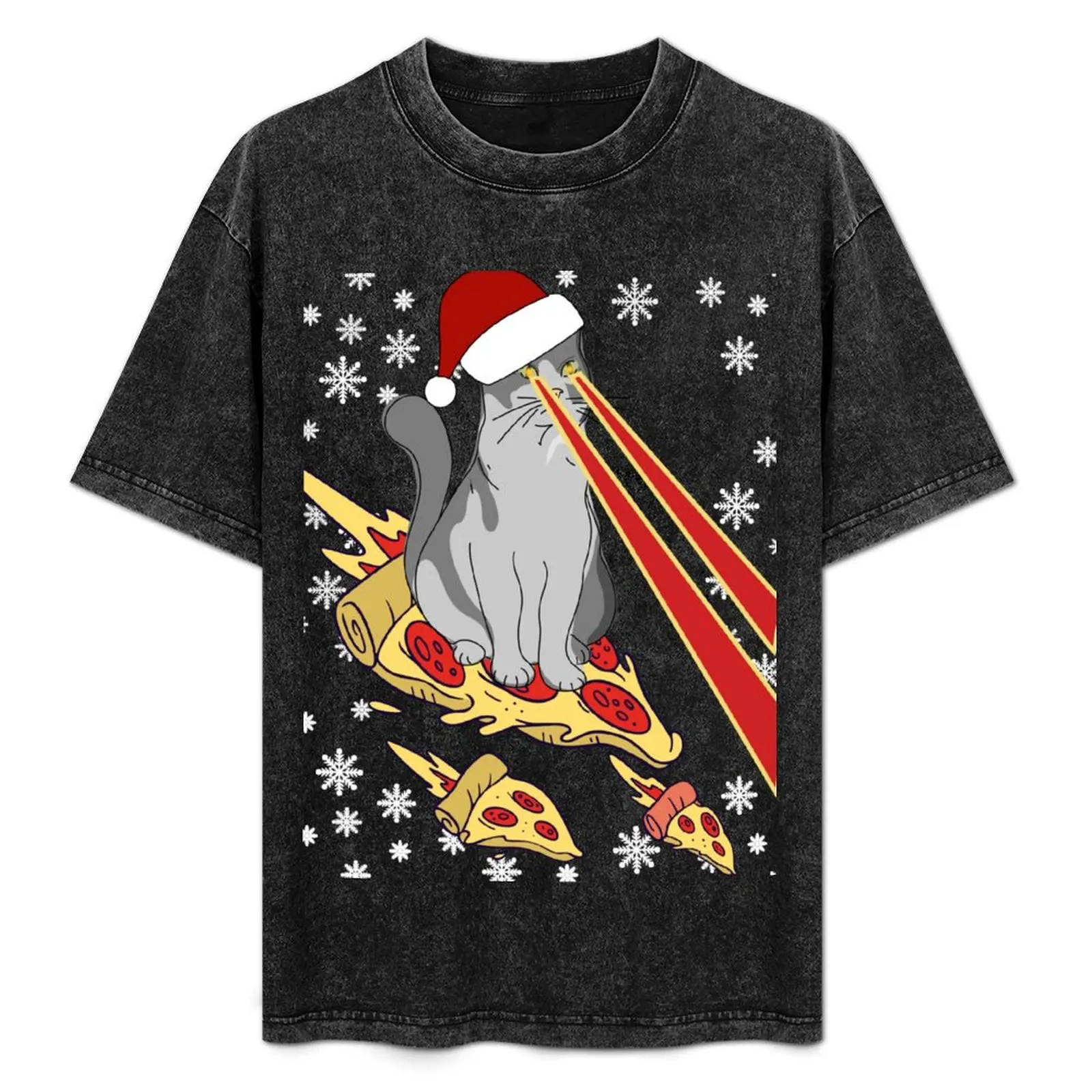 

Рождественская футболка с котом, ездящим на пицце, и лазерным лучом, спортивная повседневная хлопковая футболка с коротким рукавом