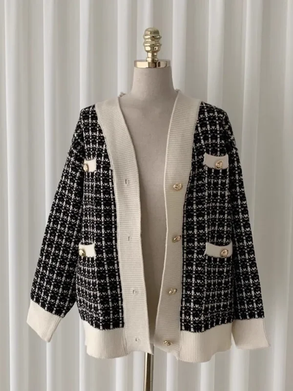 

Women's Spring Autumn Loose Plaid round Sweater Outerwear Retro Soft Long Hong Kong Knitted Open Cardigan