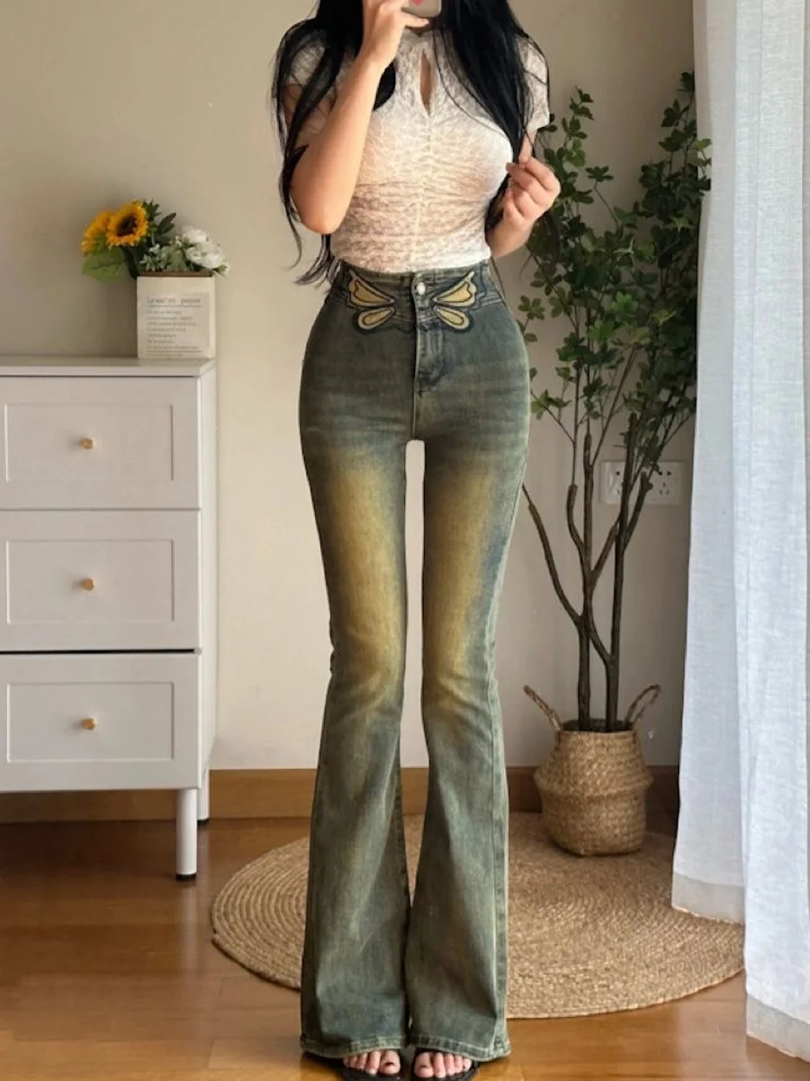 

Retro Washed Embroidery High Waist Slim Fit Denim Jeans Women Summer Stretchy Butt Lifting Bell Bottom Long Trousers