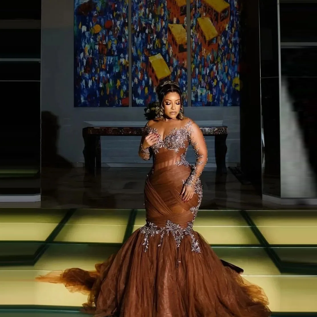 

Luxury Brown Prom Dresses Boning Tulle Full Sleeve Formal Evening Dress Applique Corset Mermaid Long Party Gowns