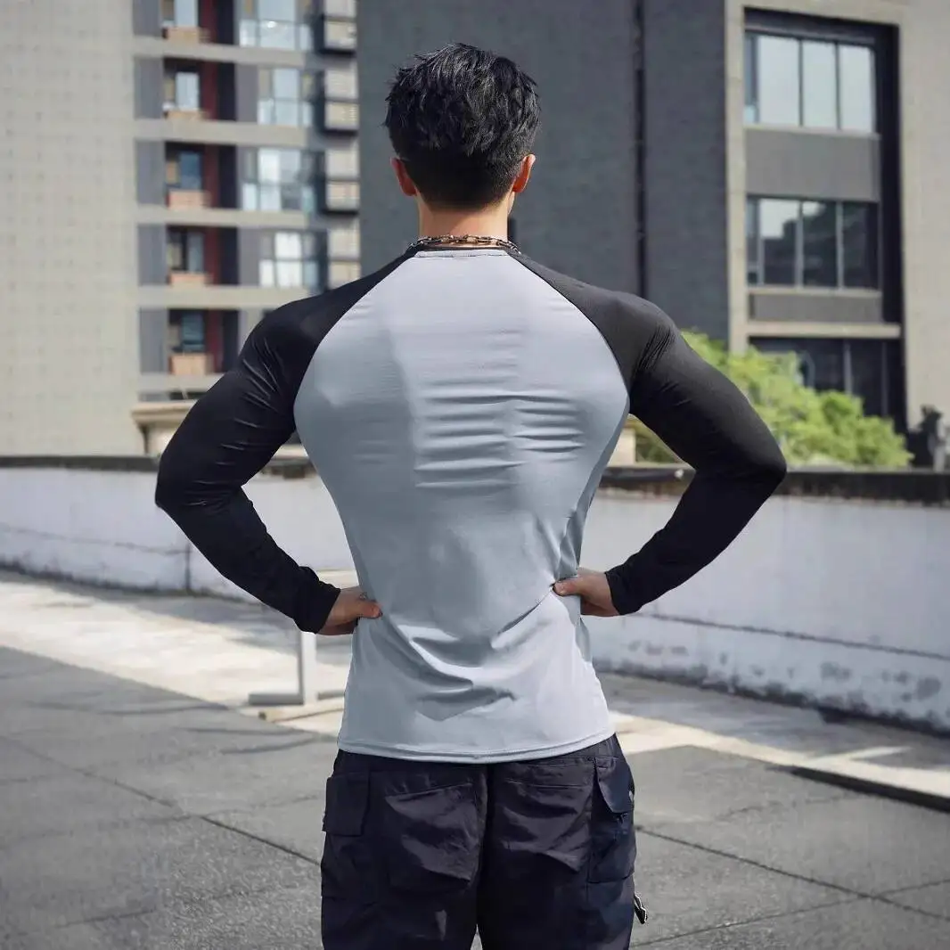 

Mens Patchwork Slim Quick Dry Compression Long Sleeve T Shirt Gym Stretch Bodybuilder Fiess Tee Male Casual Skinny Sweatshirts