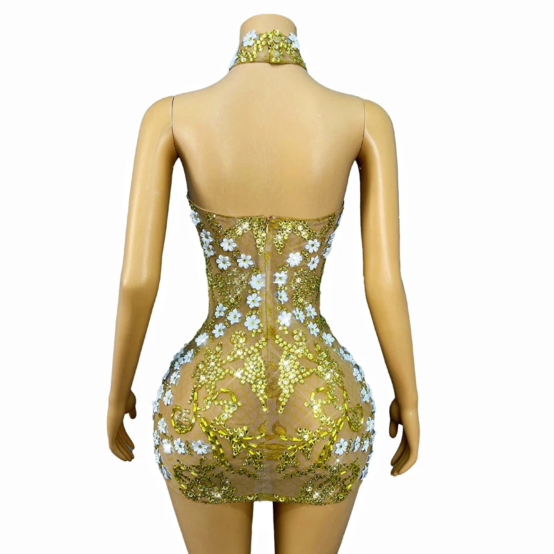 ゴールドラインストーンフラワージャズダンスドレス女性祝うパーティードレスステージキャットウォーク衣装歌手のイブニングドレス XS10061