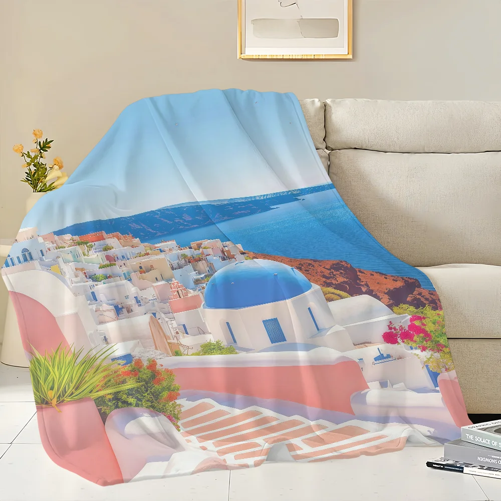 Landscape Santorini Greece Blanket Flannel warm comfort soft plush blanket For Picnic Beds Sofas Homes And Bedrooms