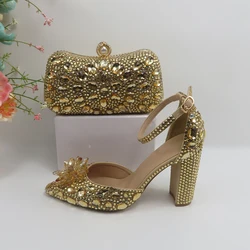 BaoYaFang Champagne oro scarpe da sposa e borsa per le donne moda nuziale pompe alte scarpe da festa e borsa cinturino alla caviglia