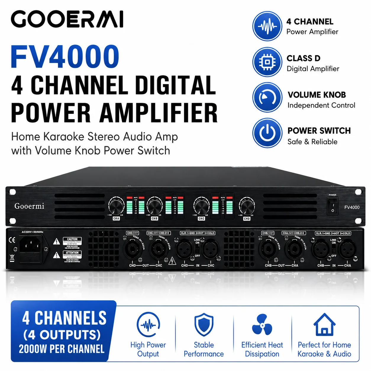Gooermi FV4000 4 Channel Digital Power Amplifier for Home Karaoke Stereo Audio Amp with Volume Knob Power Switch