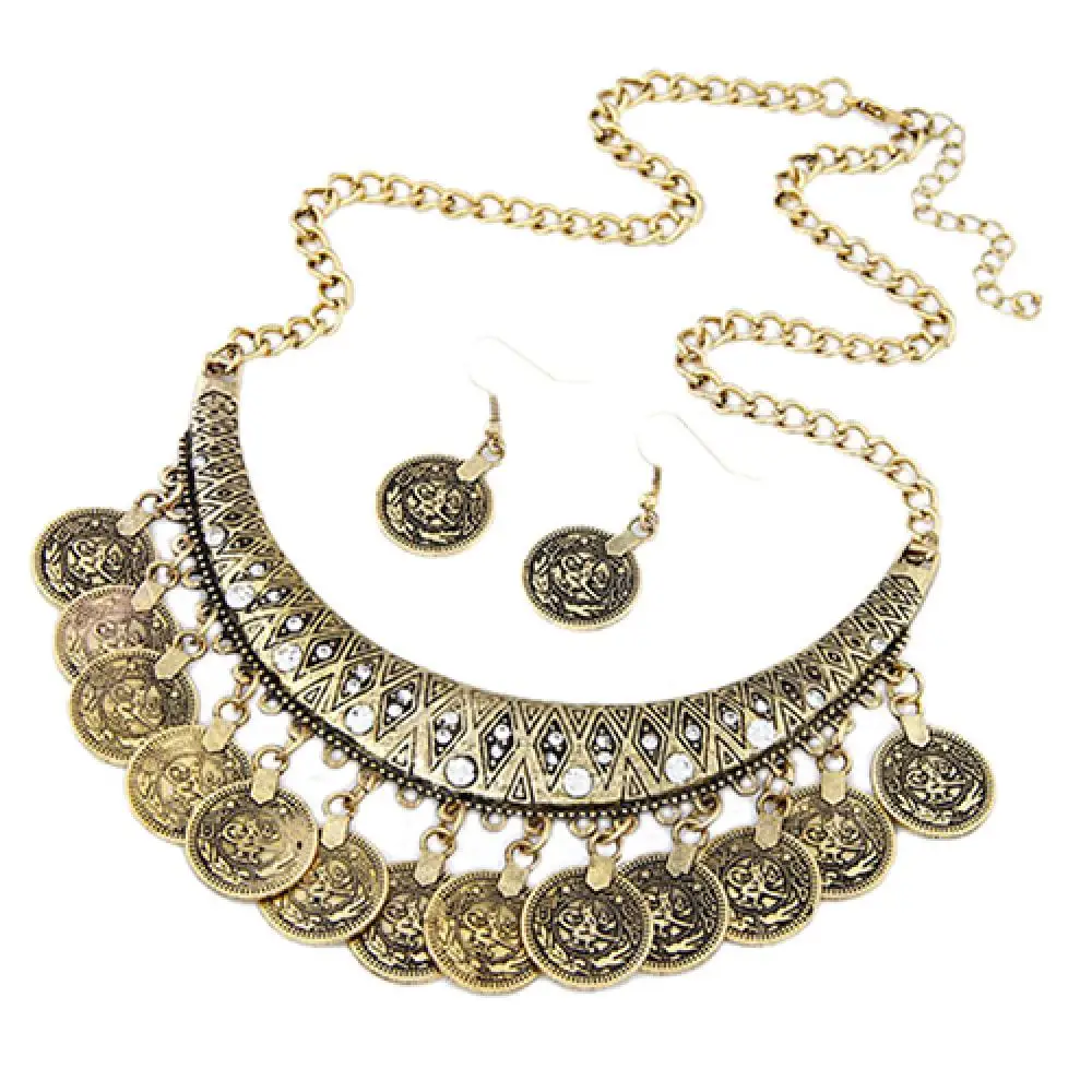 Vintage Women Coin Choker Boho Pendant Earrings Necklace Set Charm Ladies Jewelry Coin Style Choker Necklace Hook Earrings Set