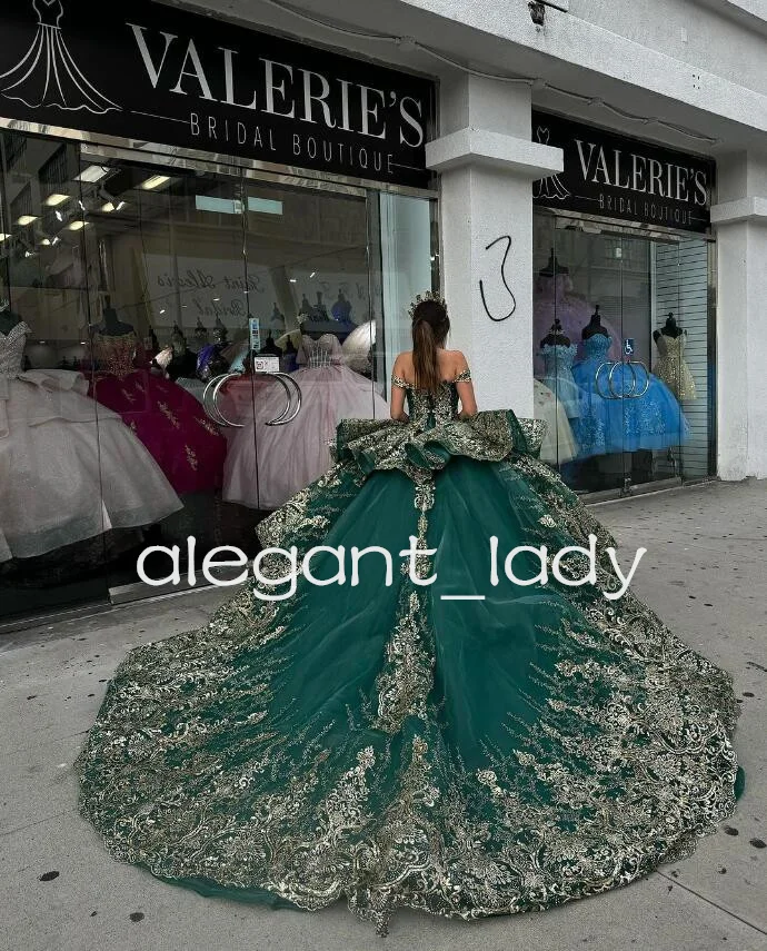 Vestido Verde de princesa para quinceañera, traje brillante con hombros descubiertos, apliques de lujo, 2024