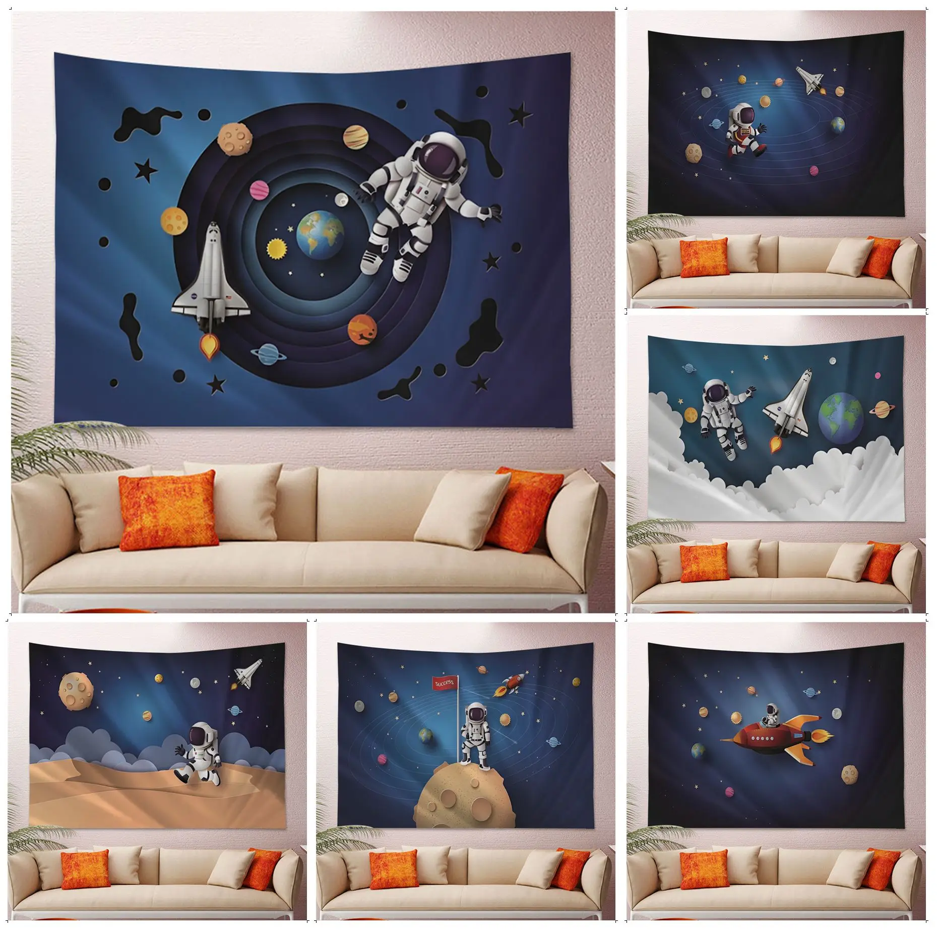 

Cartoon Rocket Astronaut Chart Tapestry Wall Hanging Decoration Household INS Home Decor