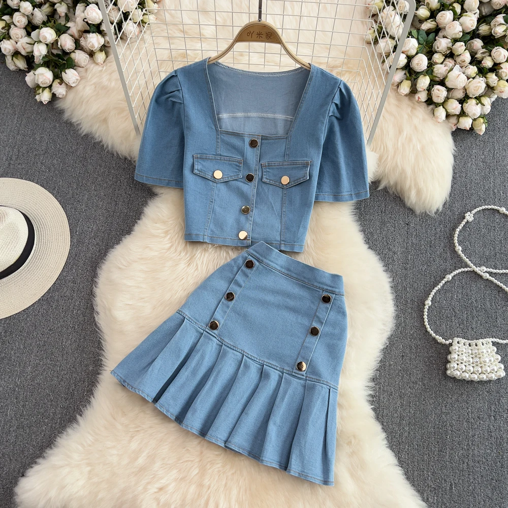 Summer Women's Square Neck Bubble Short Sleeved Denim Shirt Two-Piece High Waisted Pleated Skirt Fashion Set 2024