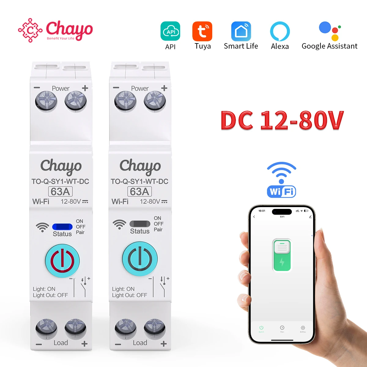Chayo 63A DC WiFi Din Rail Circuit Breaker Switch, Tuya Smart Life App Remote Timing Control, DC12-80V Home DC Power Switch