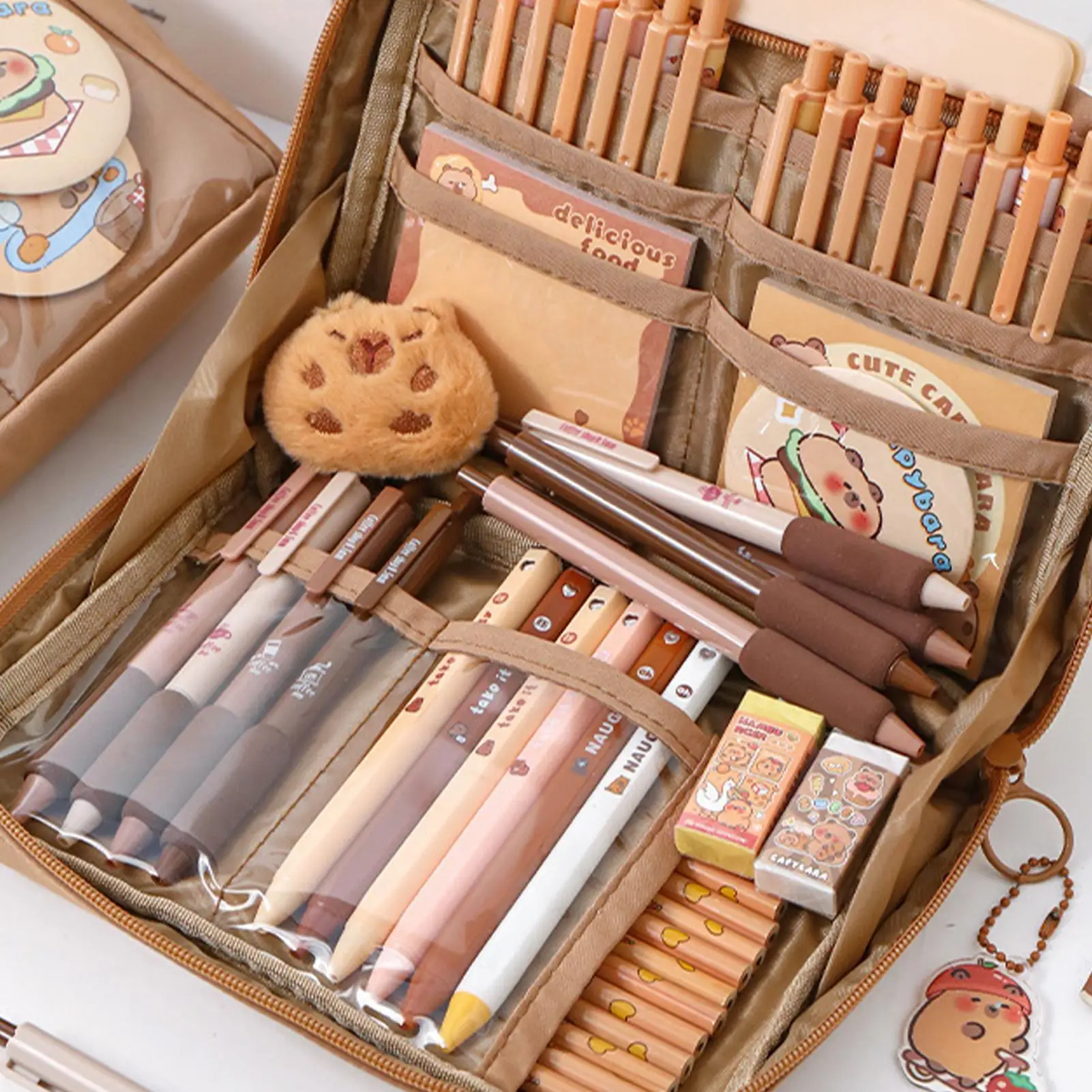 Capybara Pencil Case Students Capybara Pencil Case With Compartments Canvas Compartments Pen Pouch With Highlighter Keychain Gel