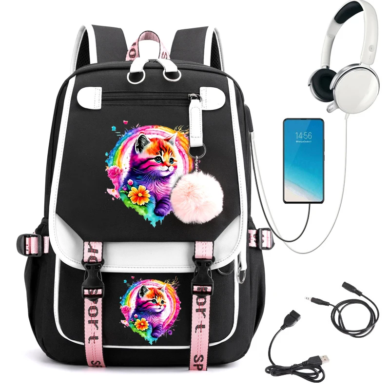 

Watercolor Cute Floral Cat Print Girls Backpack KawaiiSchool Bags for Student Teens Bookbag Laptop Backpack Usb Charging Mochila