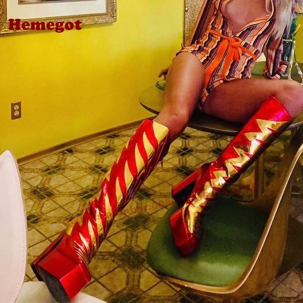 

Metallic Splicing Knee High Boots Round Toe Platform Chunky Heels Women's Long Boots Side Zipper 2026 Winter Casual Shoes Sexy