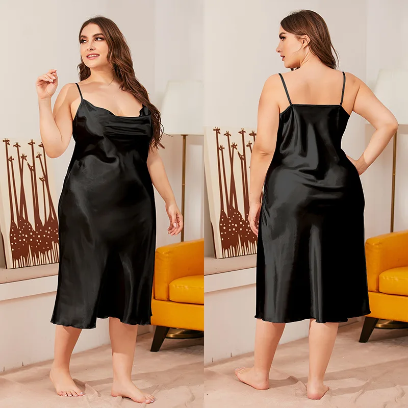 Sexy Women Plus Size Spaghetti Strap Nightgown Summer Satin Solid Home Wear Loose Intimate Lingerie Nightwear Chemise Nightdress