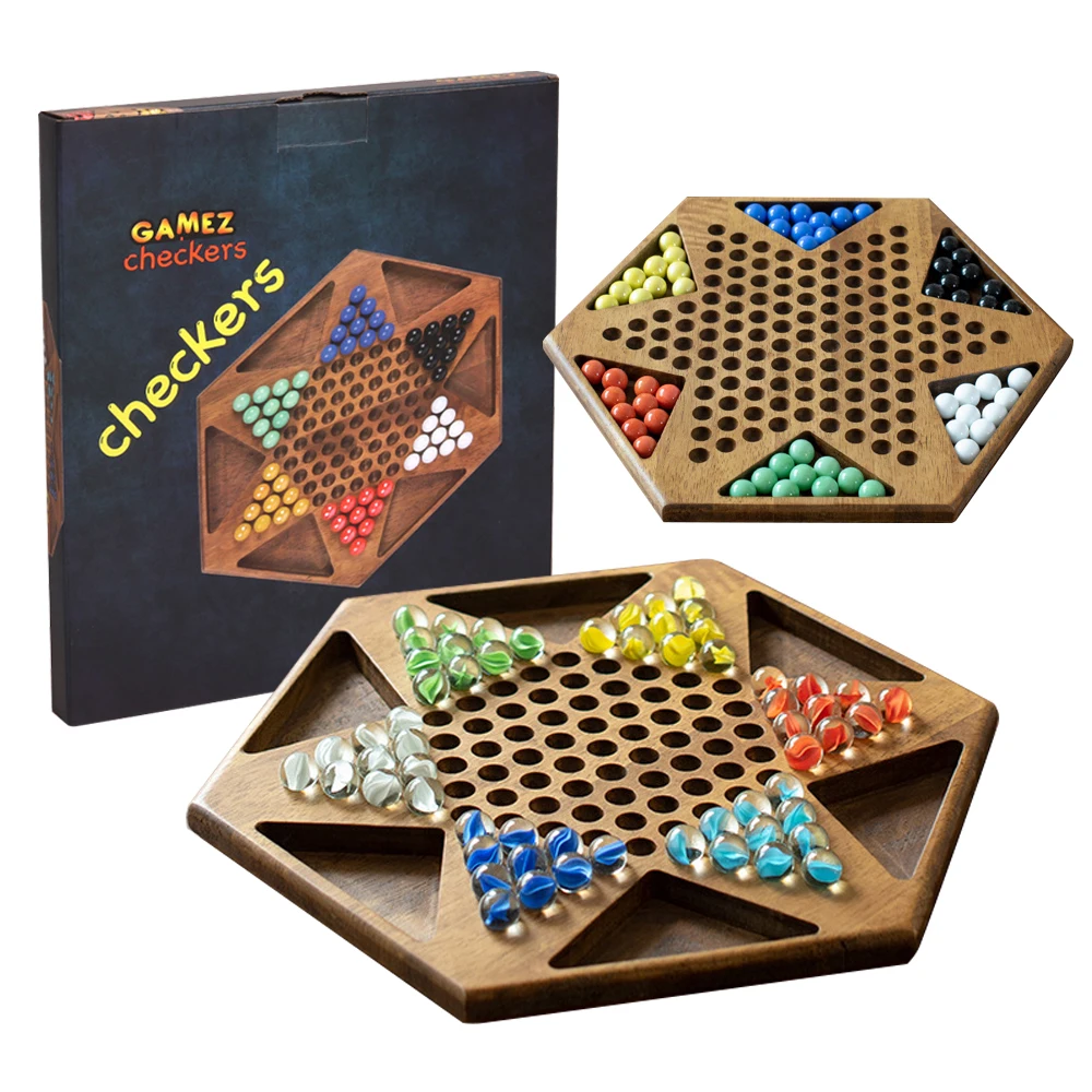 Hexagon Wooden Checkers Game Set, 60 Glass Marbles, Storage Bag for Family Puzzle, Classic Strategy Game, Kids Toys, 13.7Inch