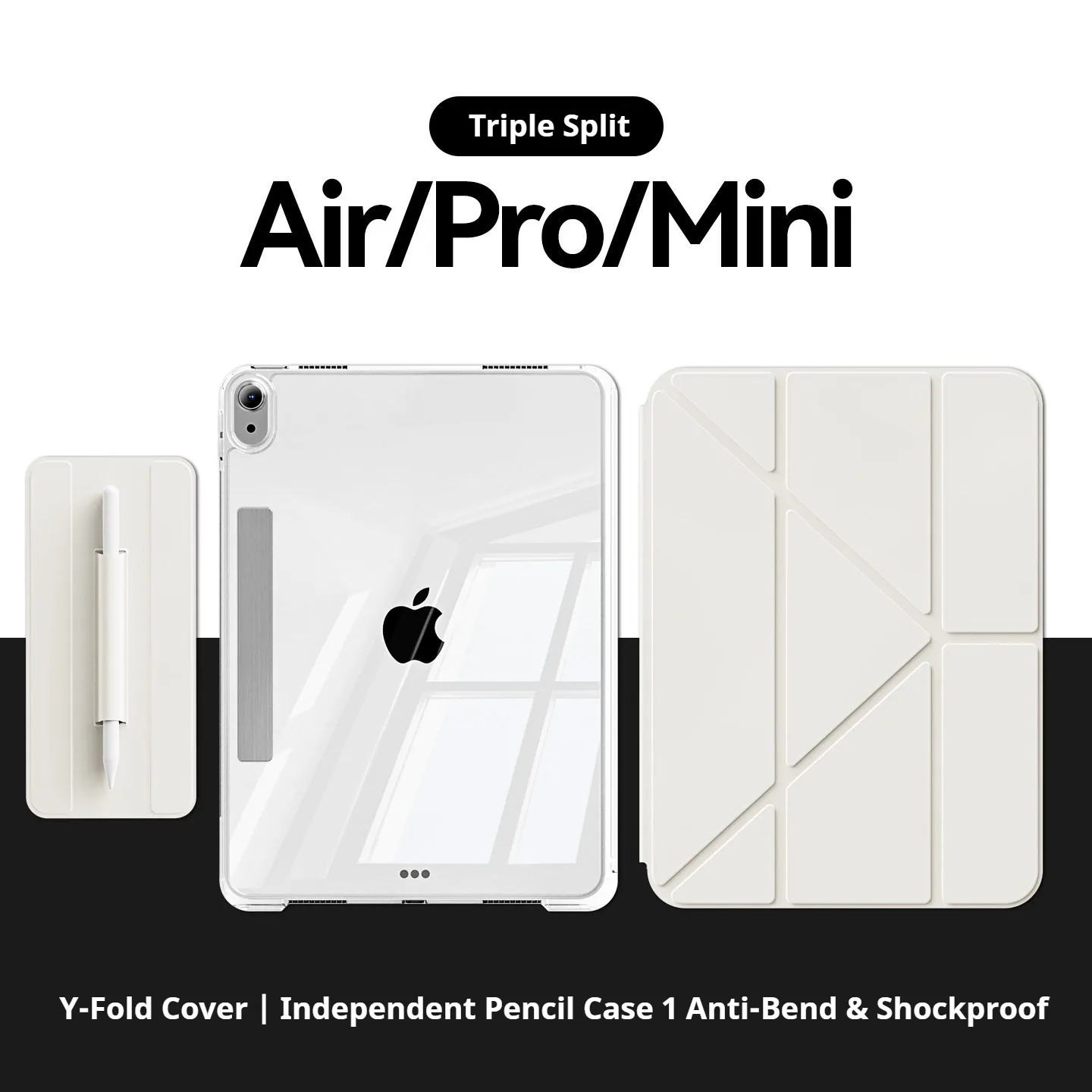 RBP for iPad A16 11/10th Gen/Air 4/5/6//7/8/ Pro 11 Mini 67 Y-fold Stand Case, 3-in-1 Transparent Case with Pencil Holder Cover