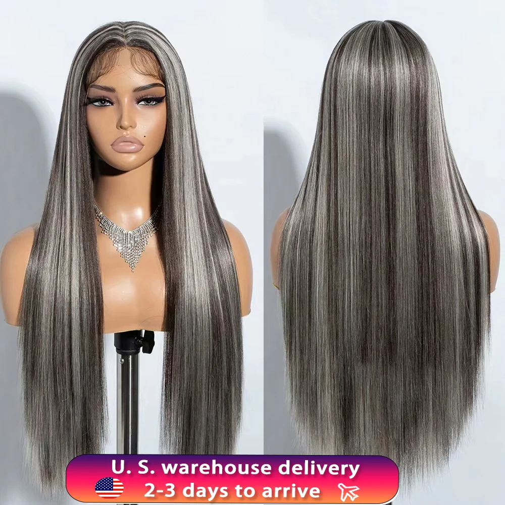 40인치 실버 그레이 솔트 앤 페퍼 스트레이트 인모 가발 13x6 투명 앞면 인모 가발 13x5 브라질 레미 클로저 가발