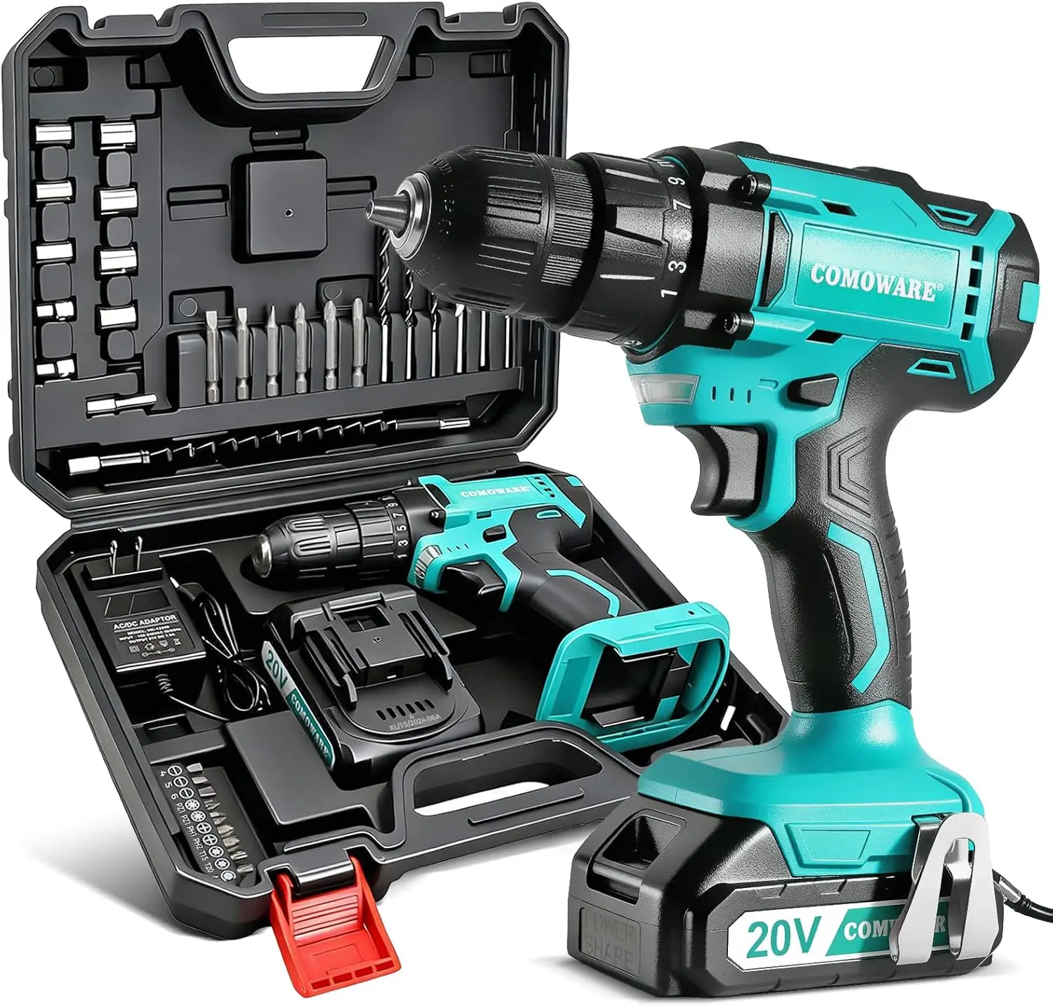 

20V Cordless Drill Set with 1 Battery & Charger, 3/8” Keyless Chuck, 266 In-lb Torque, 25+1 Position and 34pcs Bits