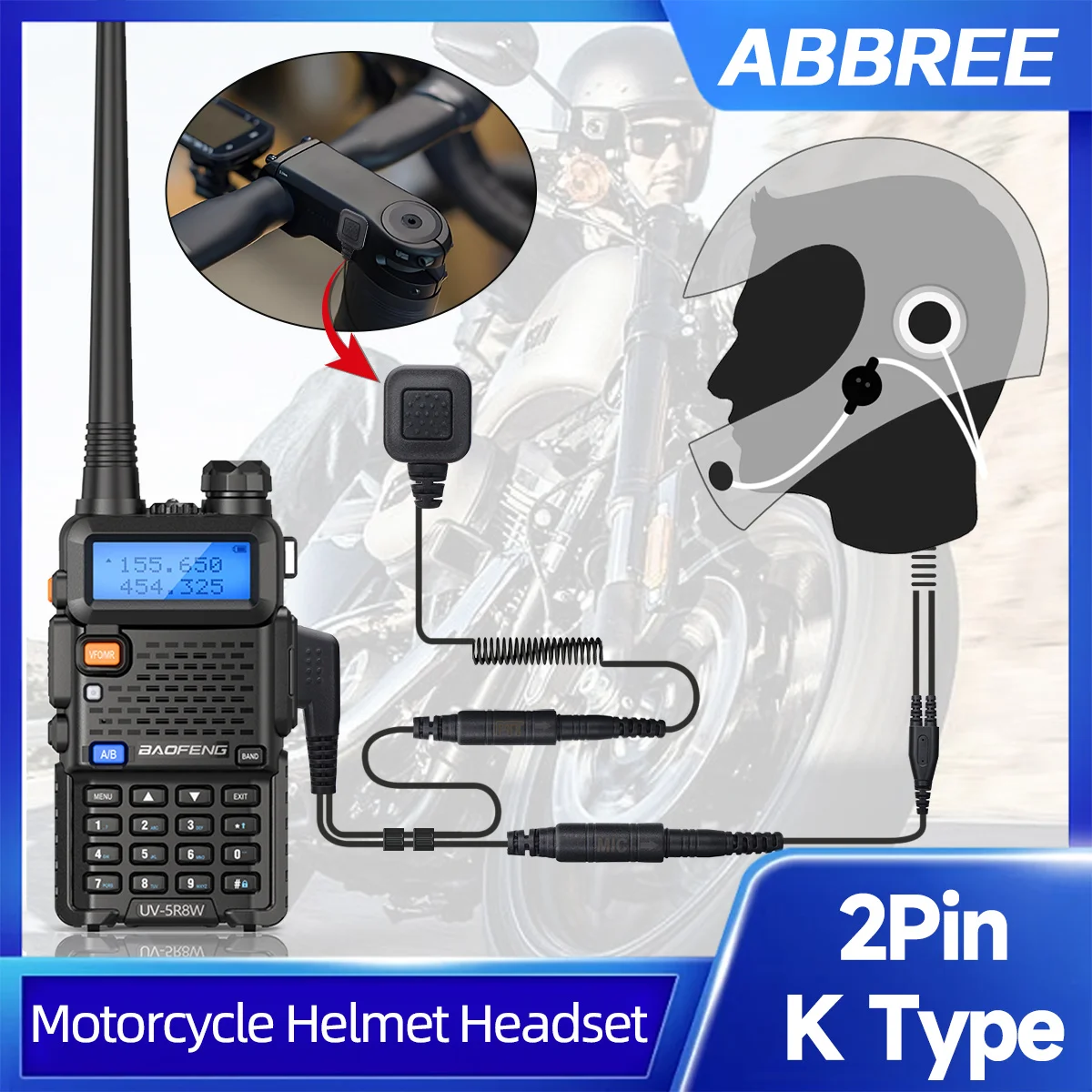 ABBREE Motorcycle Helmet headphone 2-Pin Walkie Talkie Earpiece with Finger PTT and Mic for Baofeng AR-152 BF-888S UV-5R UV-82