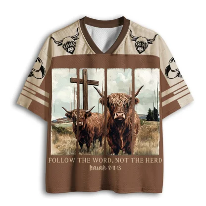 Highland Cow Cross Follow The Word Not The Herd Print Men V Neck Mesh Jersey Western Short Sleeve Top