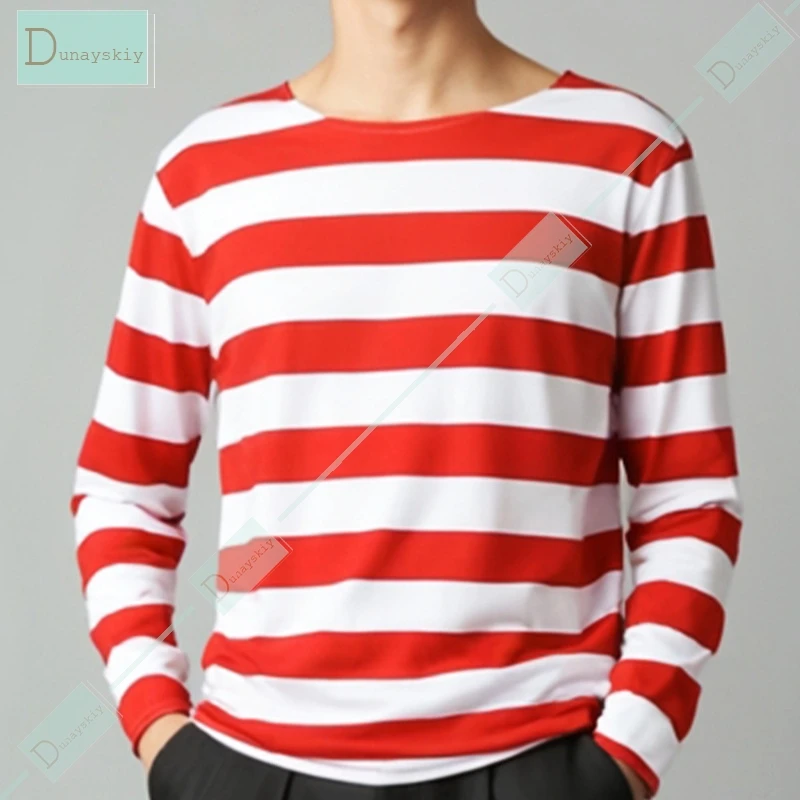 Wheres WaldoO Striped Shirt Youth Boys Wally Costume Shirt Glasses and Hat Socks Unisex Adults Halloween Cosplay Costume