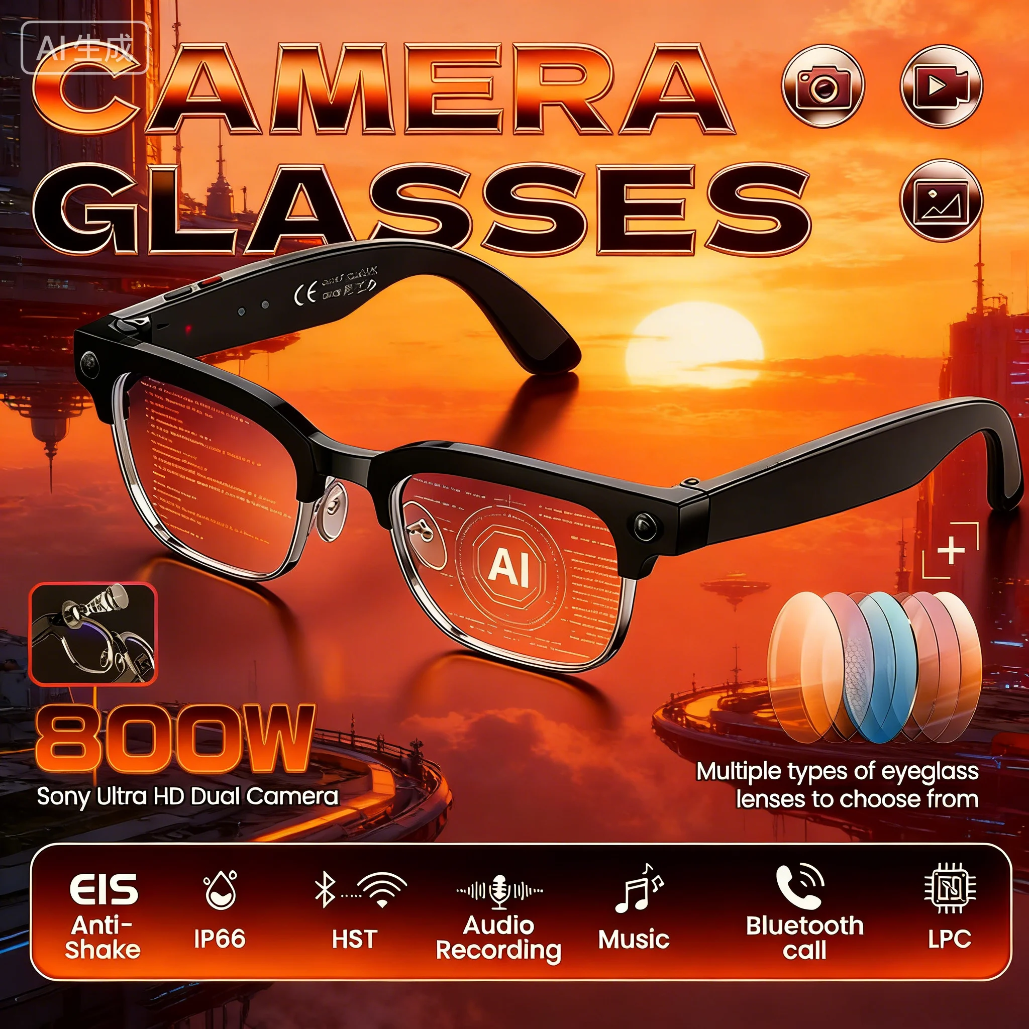 

Умные очки AI 2026 для мужчин и женщин с камерой 4K HD, видео 1080P, 8 МП, переводом на 100+ языков, Wi-Fi, Bluetooth, функцией звонков, в стиле солнцезащитных очков