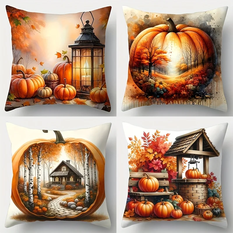 

4 шт. Наволочки с принтом на осень тематику, дизайны тыквы, свечами и падающими листьями — 17,7x17,7 дюймов