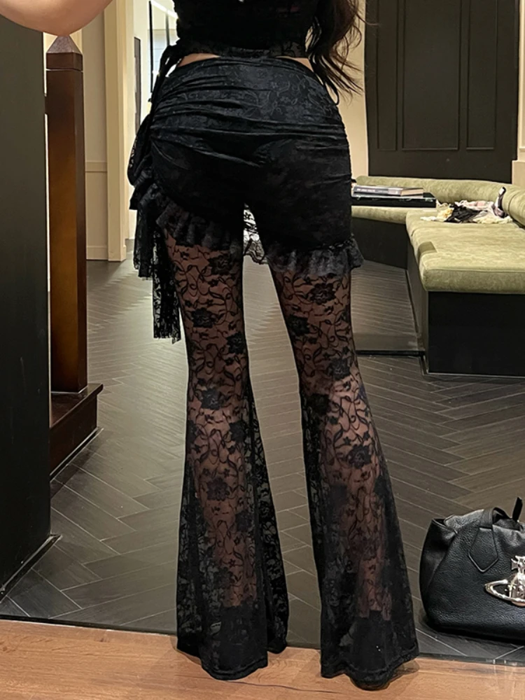 AltGoth Gothic Dark Lace Pants Women Vintage Y2k Streetwear Emo Sexy See Through Velevt Patchwork High Waist Flare Pants Female