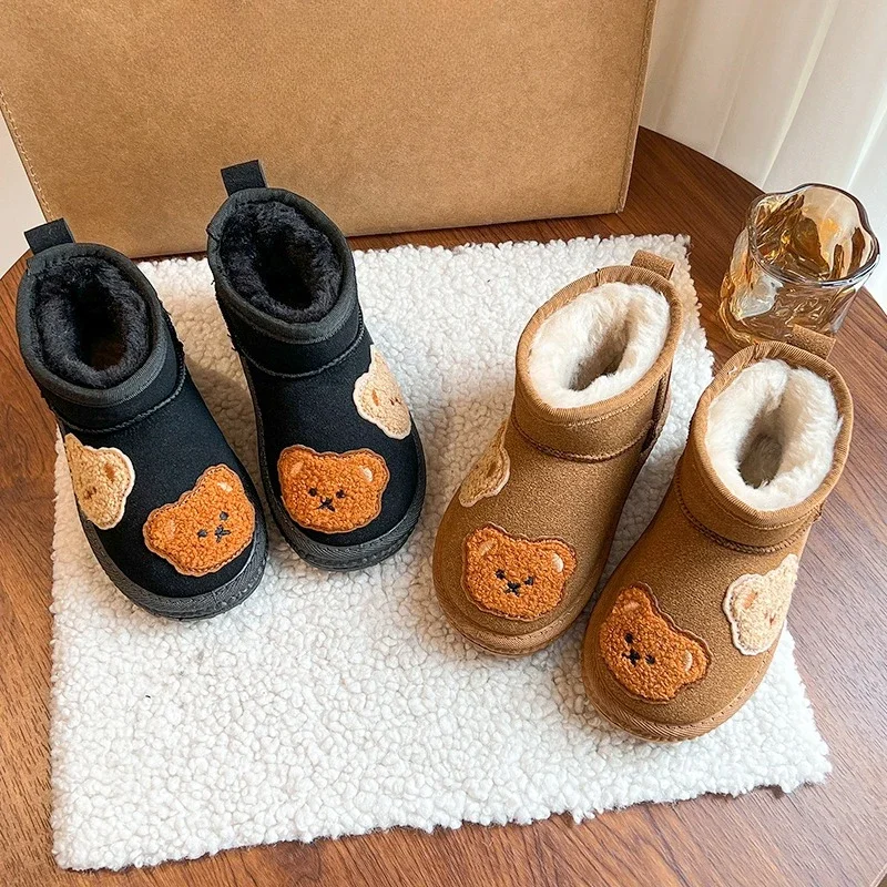 

Kids Casual Boots with Cute Bears Children Short Boots Warm Plush Soft 2026 New Fashion Boys Girls Snow Boots Non-slip Comfort